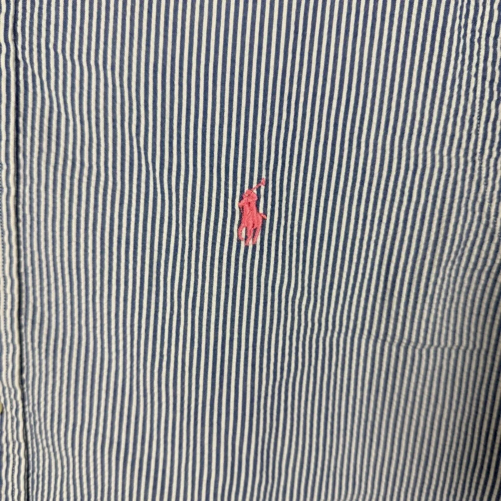 Polo Ralph Lauren Shirt Mens XL Blue White Striped‎ Seersucker SS Button Down